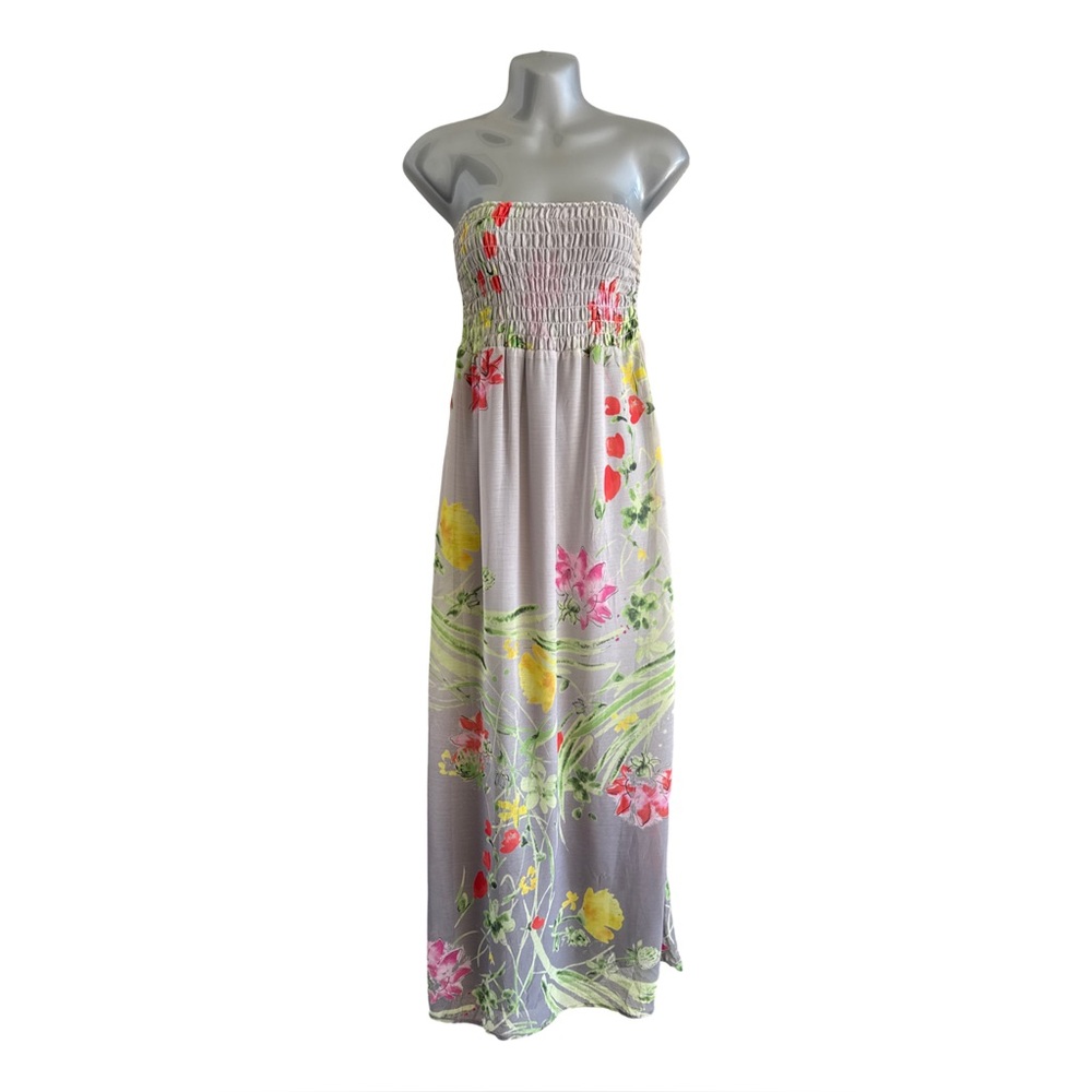 Old Navy Strapless Floral Maxi Dress‎ Smocked Bodice Gray Medium